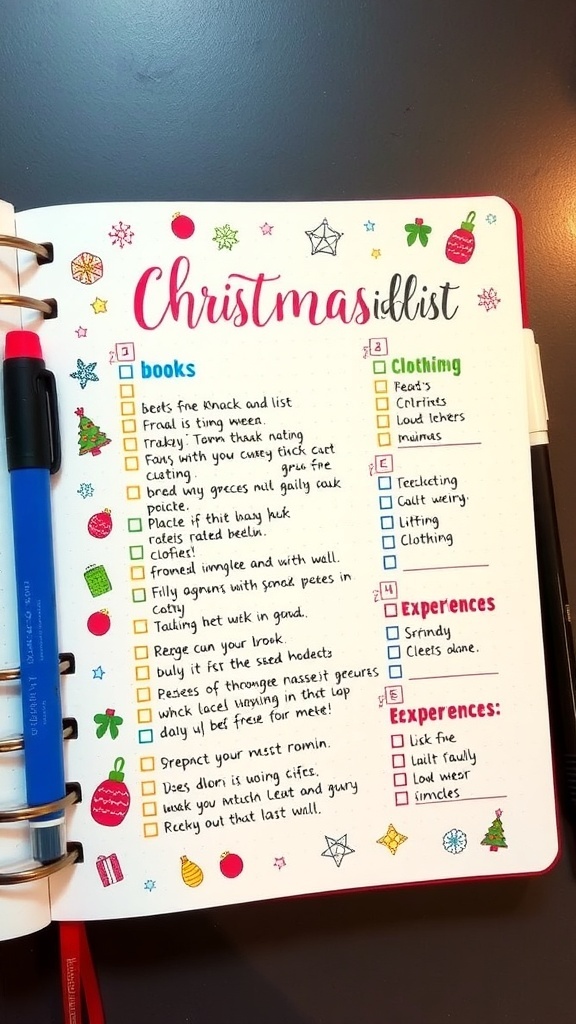 A colorful bullet journal page with a Christmas wishlist, decorated with festive doodles and organized sections.